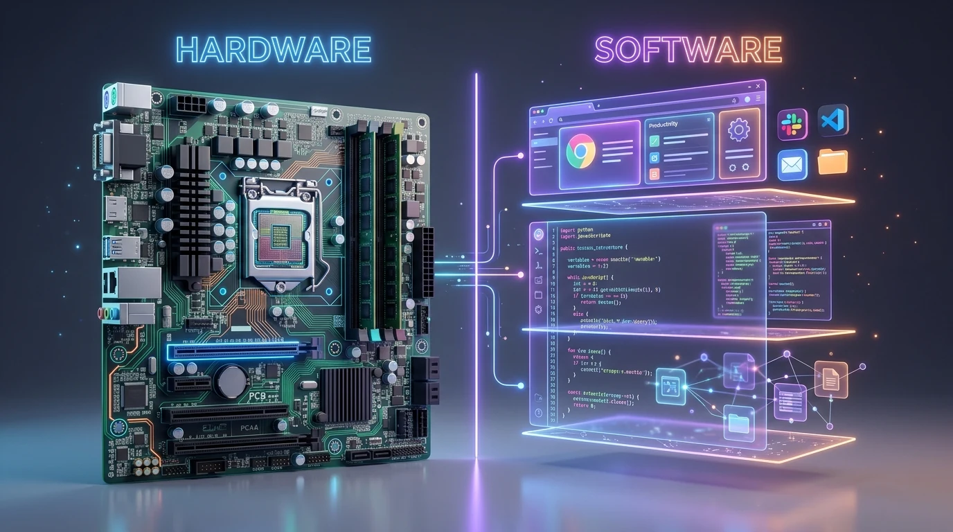 Comparação conceitual entre Hardware (físico) e Software (lógico e digital)